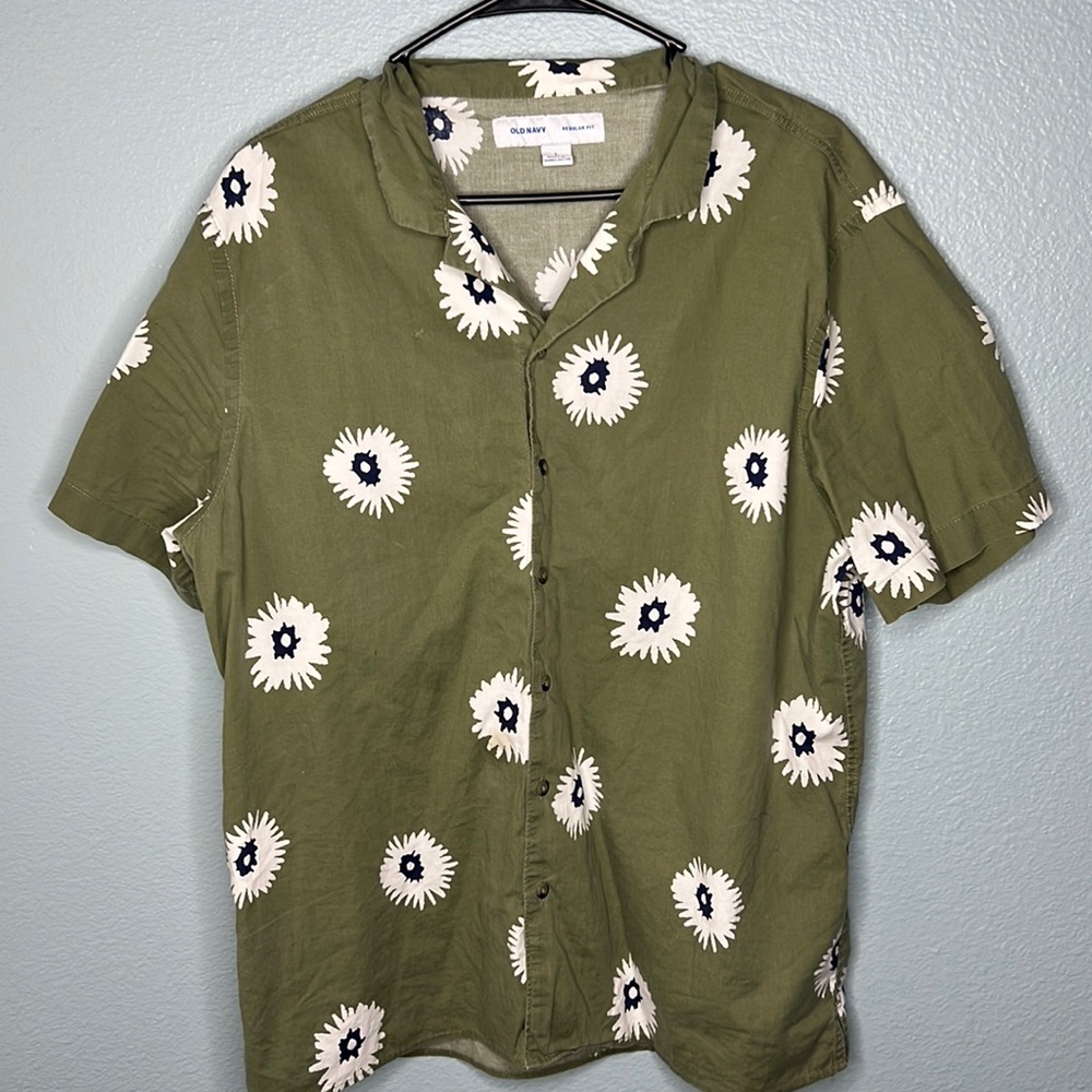 green floral button down